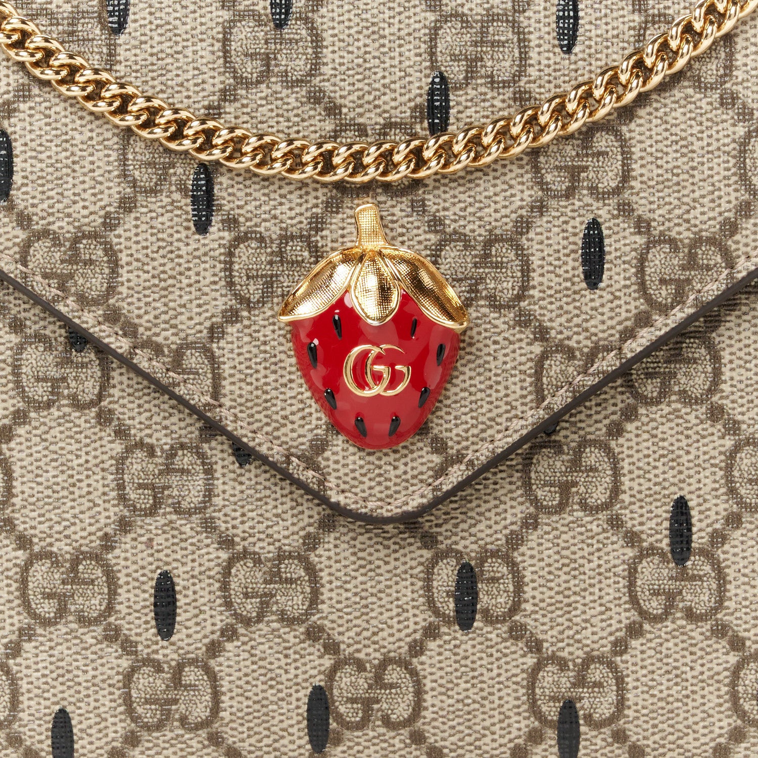 Gucci GG Supreme Monogram Strawberry Seed Textured Dollar Calfskin Enamel Double G Strawberry Wallet On Chain Beige Ebony Black New Acero Hibiscus Red 8 of 10