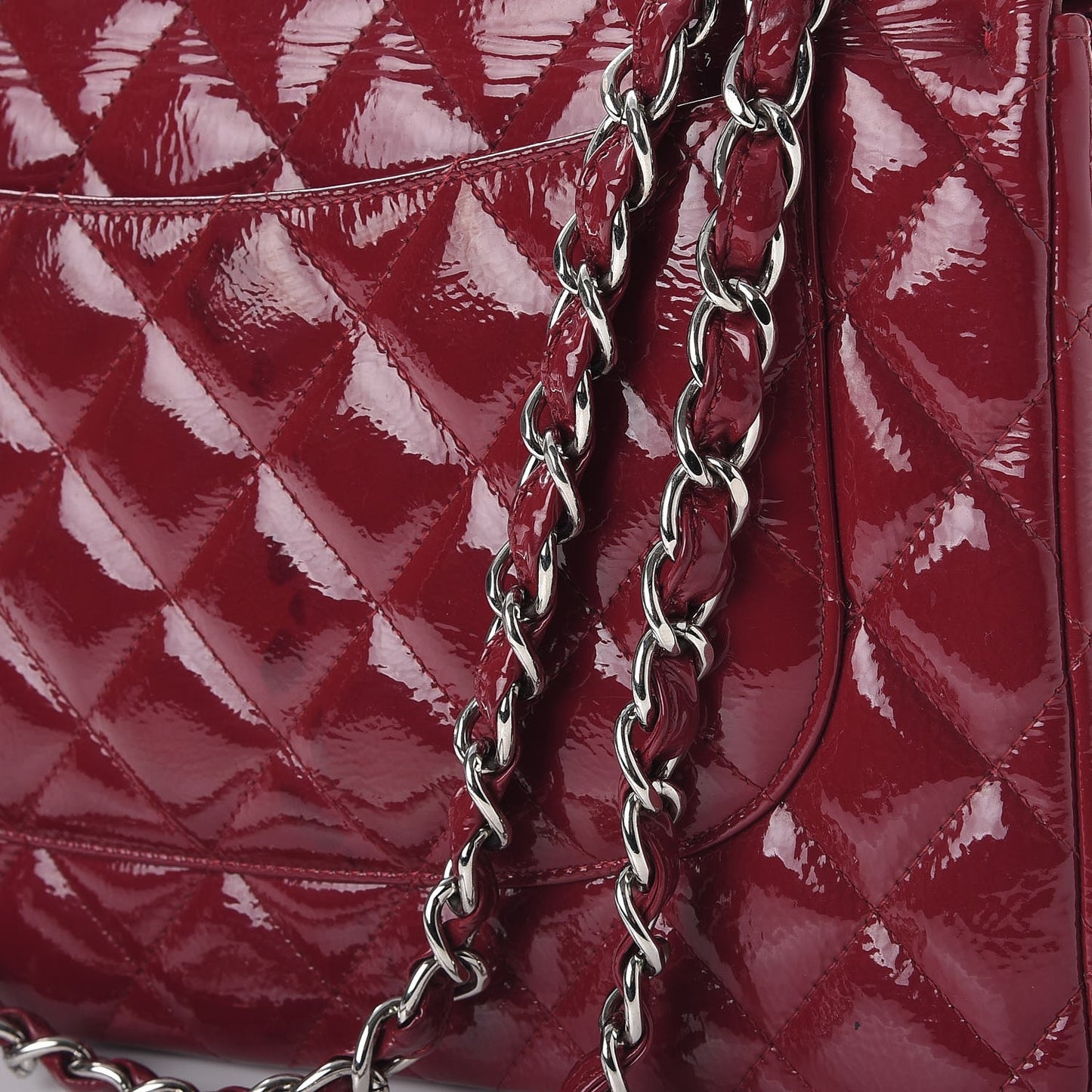 Distressed Patent Quilted Jumbo Double Flap Dark Red