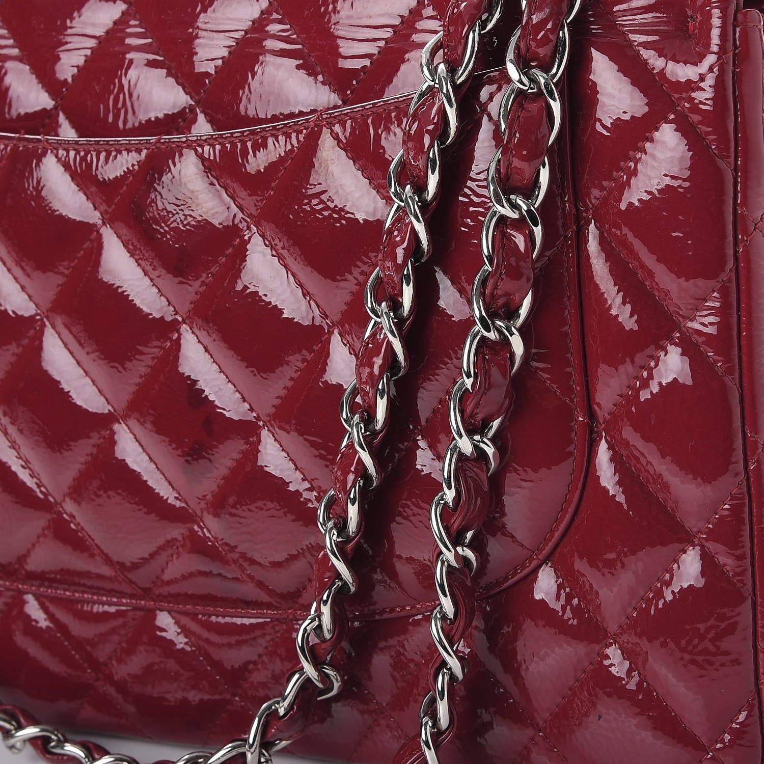 Chanel Distressed Patent Quilted Jumbo Double Flap Dark Red 13 of 15