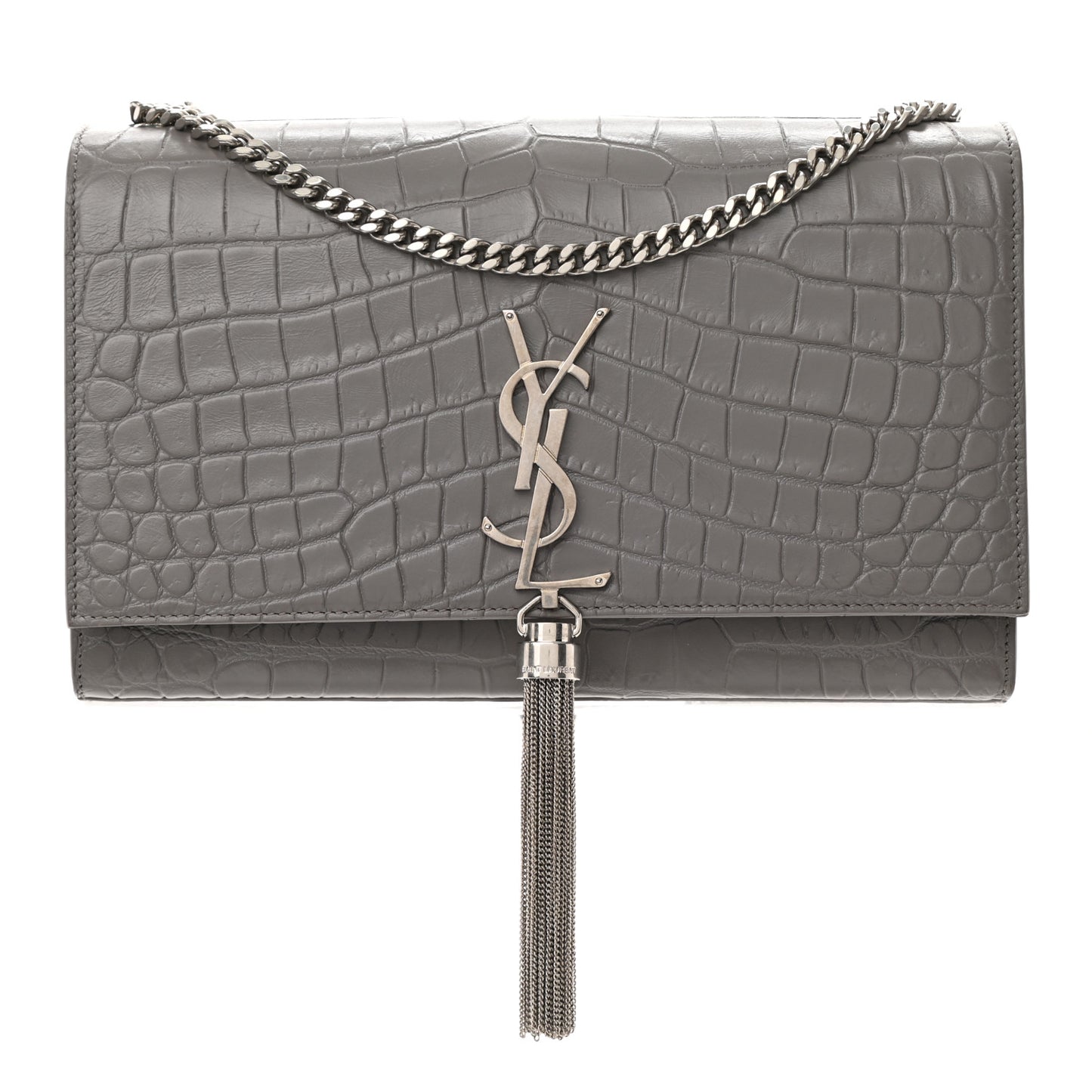 Calfskin Crocodile Embossed Medium Classic Monogram Kate Tassel Satchel Fog