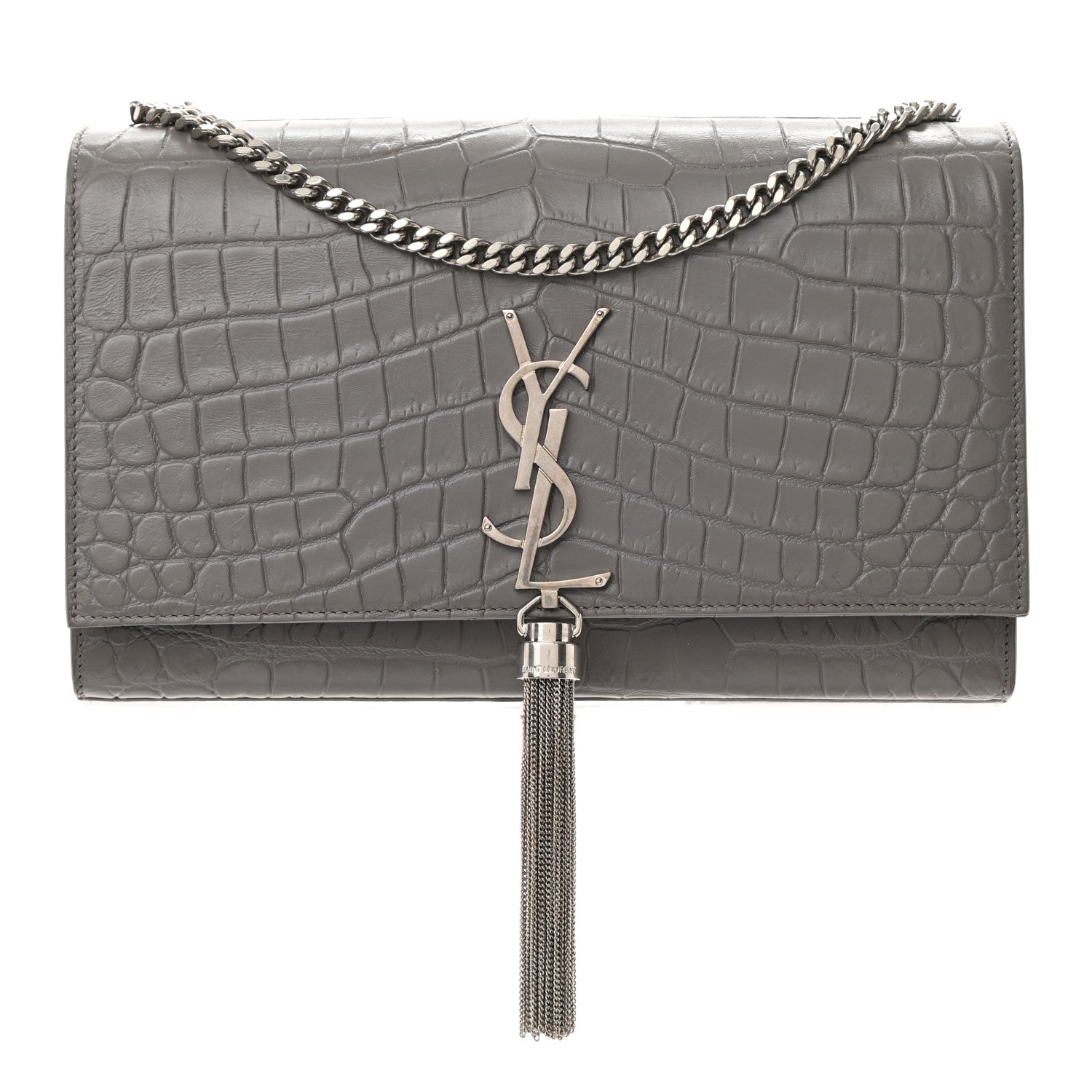 Saint Laurent Calfskin Crocodile Embossed Medium Classic Monogram Kate Tassel Satchel Fog 1 of 10