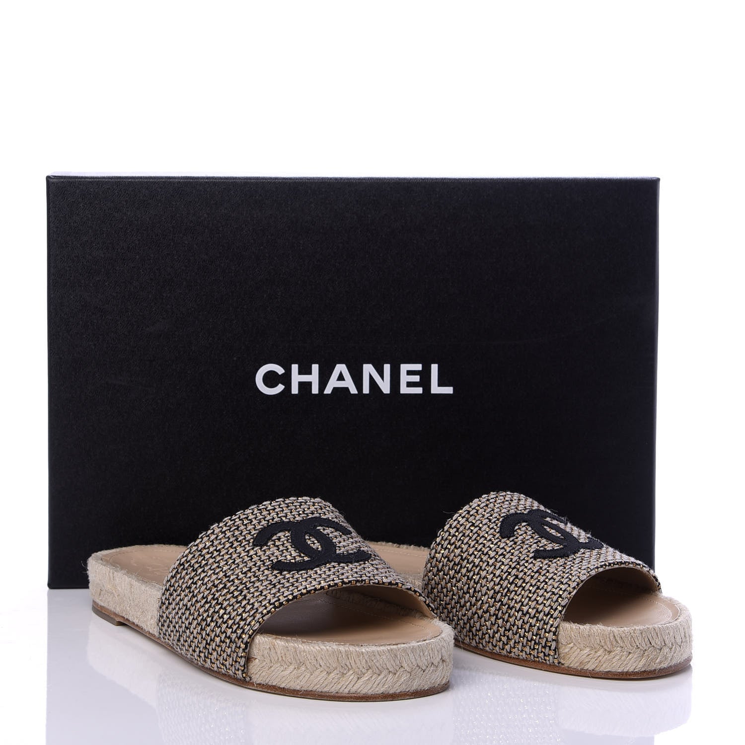 Chanel Metallic Tweed CC Espadrille Slip On Sandals 37 Beige Black 10 of 10