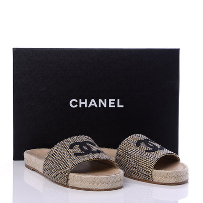 Chanel Metallic Tweed CC Espadrille Slip On Sandals 37 Beige Black 10 of 10