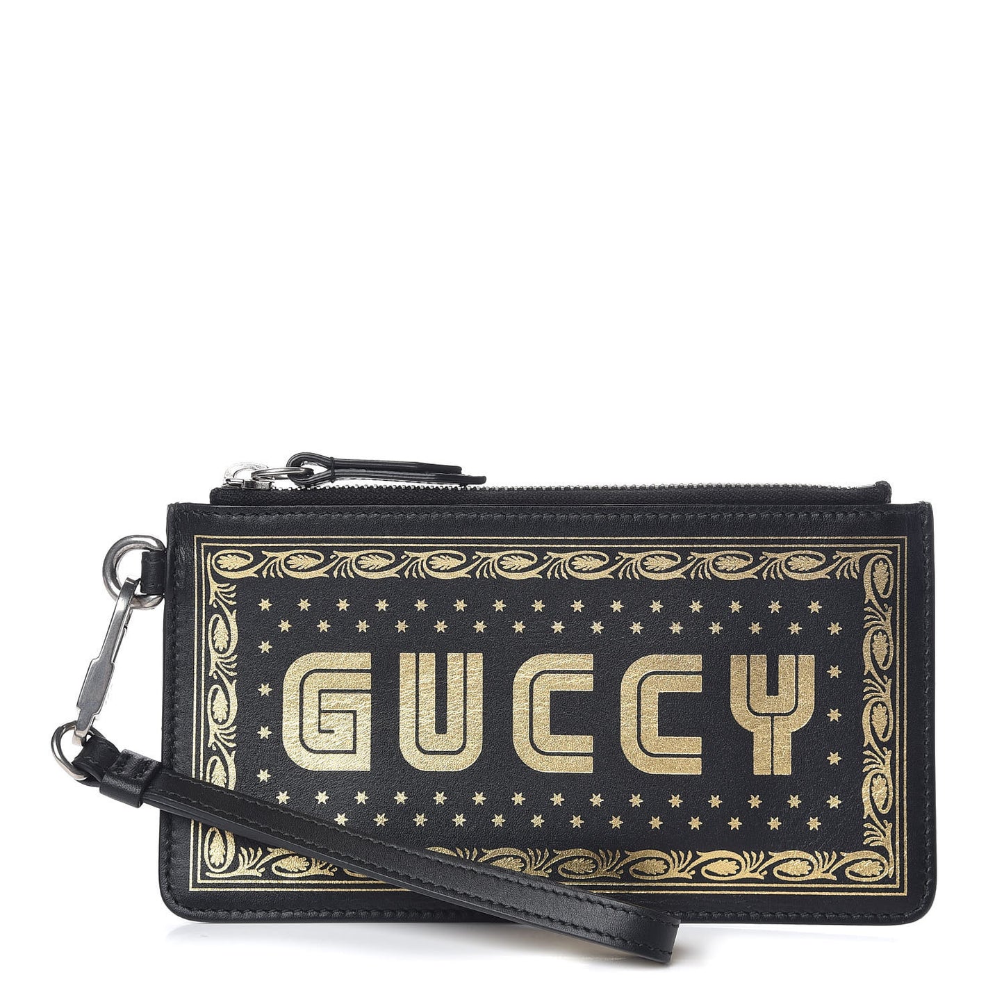 X SEGA Calfskin GUCCY Stars Small Zip Pouch Black Gold