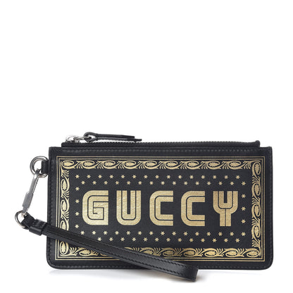 Gucci X SEGA Calfskin GUCCY Stars Small Zip Pouch Black Gold 1 of 8