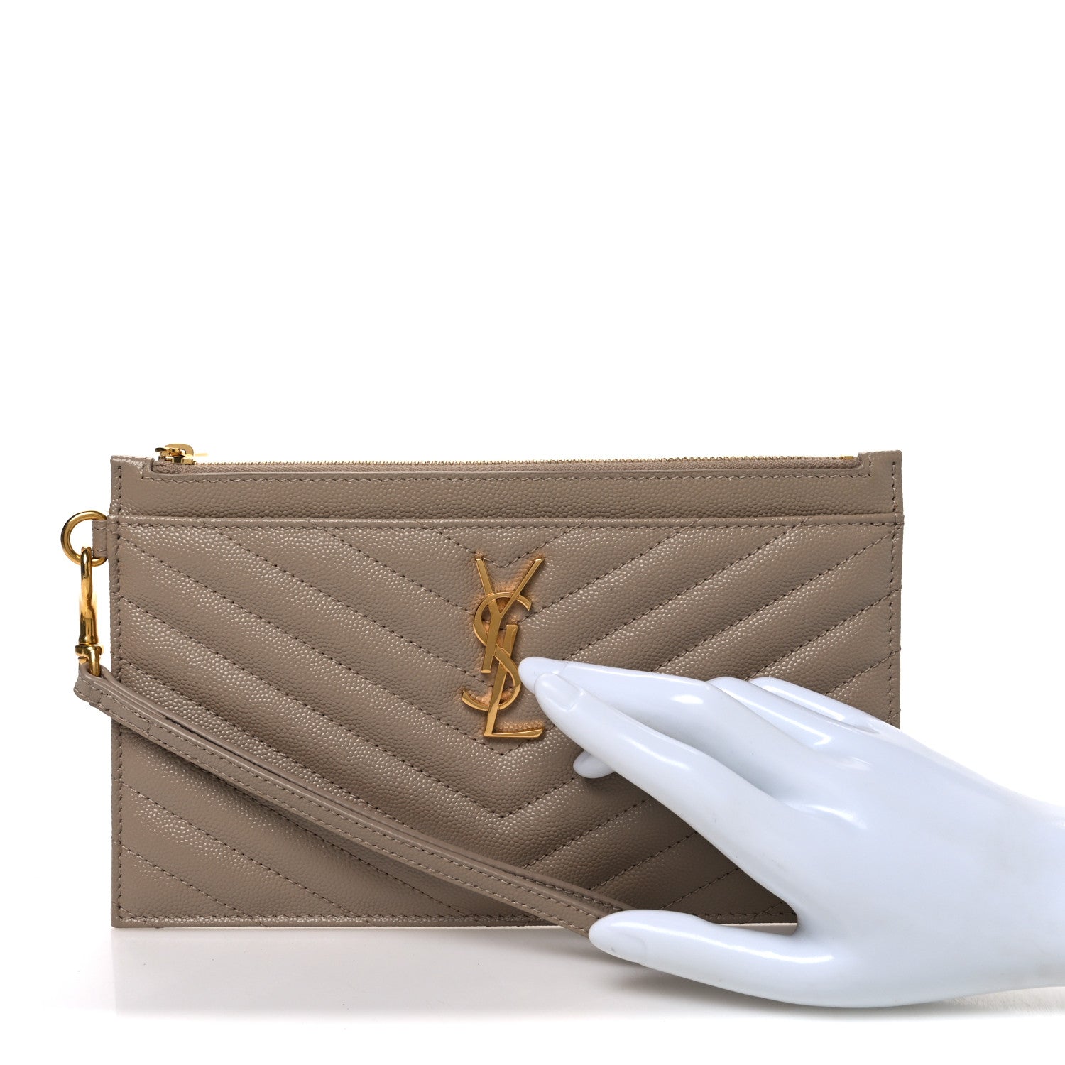 Saint Laurent Grain De Poudre Chevron Monogram Large Bill Pouch Dark Beige 2 of 7
