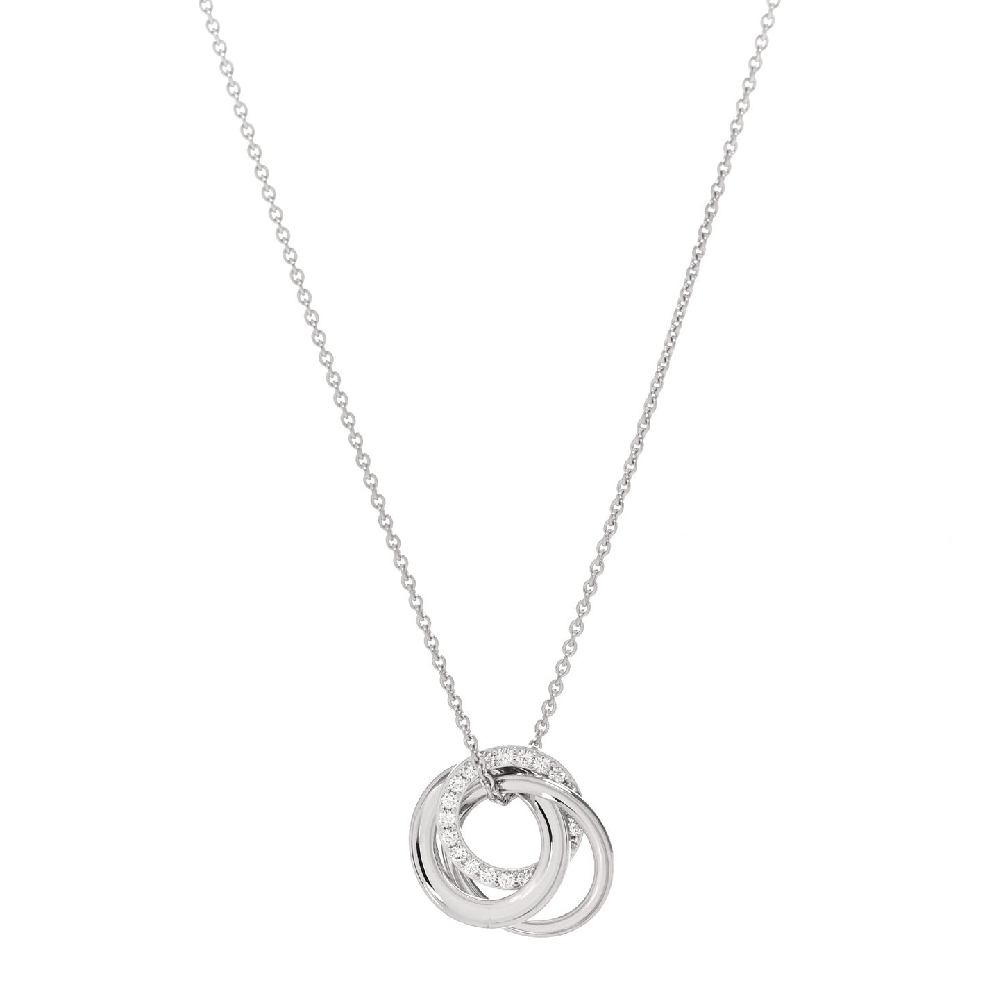 18K White Gold Diamond Triple Interlocking Circles Pendant Necklace