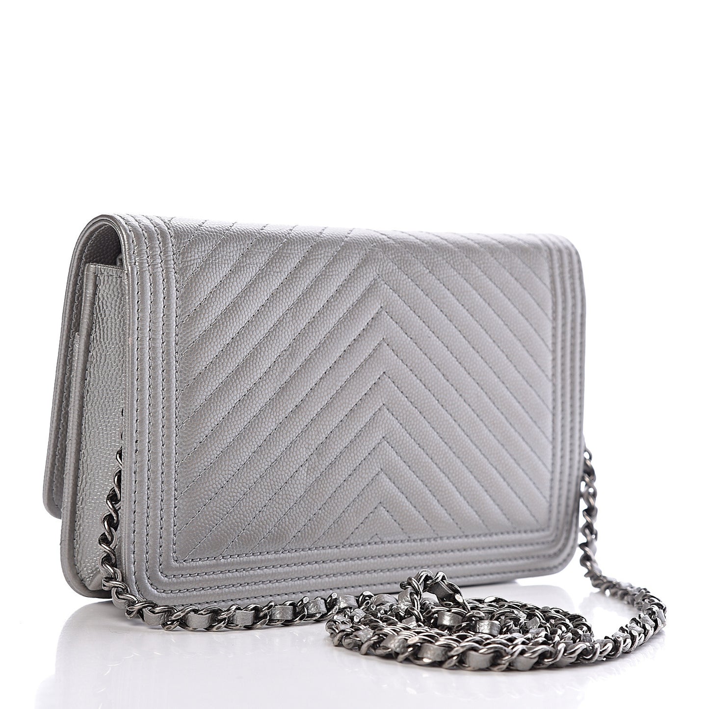 Metallic Caviar Chevron Quilted Boy Wallet On Chain WOC Silver