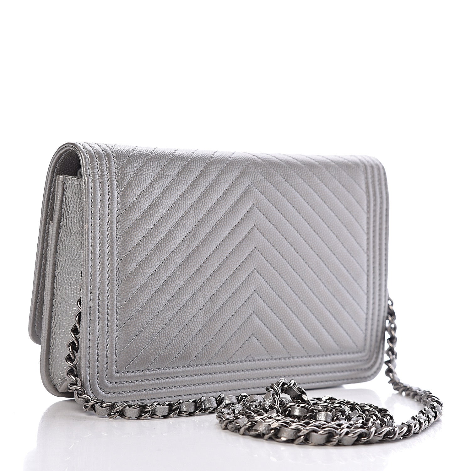 Chanel Metallic Caviar Chevron Quilted Boy Wallet On Chain WOC Silver 3 of 10