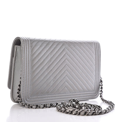 Chanel Metallic Caviar Chevron Quilted Boy Wallet On Chain WOC Silver 3 of 10
