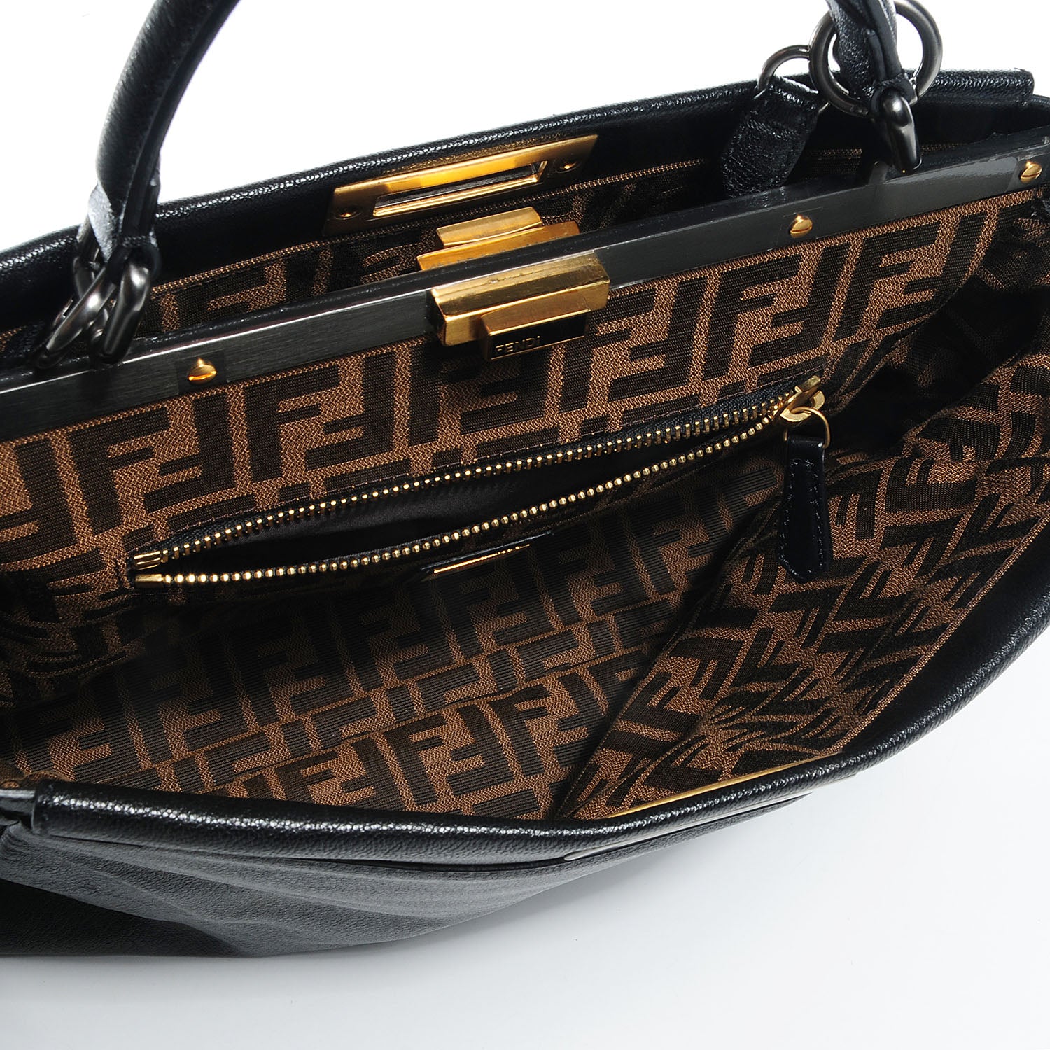 Fendi Goatskin Zucca Large Peekaboo Iconic Satchel Black Tobacco 7 of 12