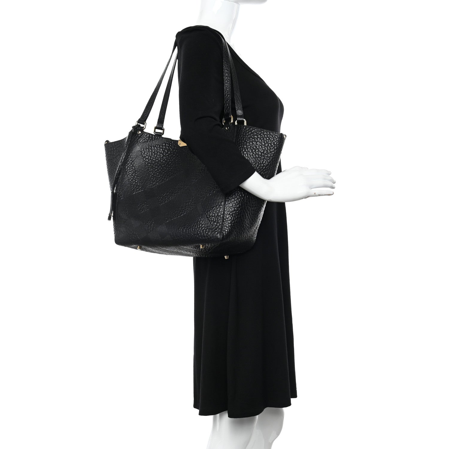 Burberry Signature Grain Calfskin Check Embossed Small Canterbury Tote Black 2 of 11