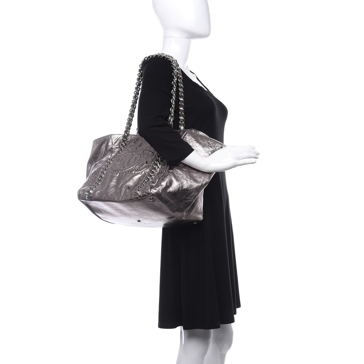 Metallic Cracked Calfskin Modern Chain Tote Dark Silver