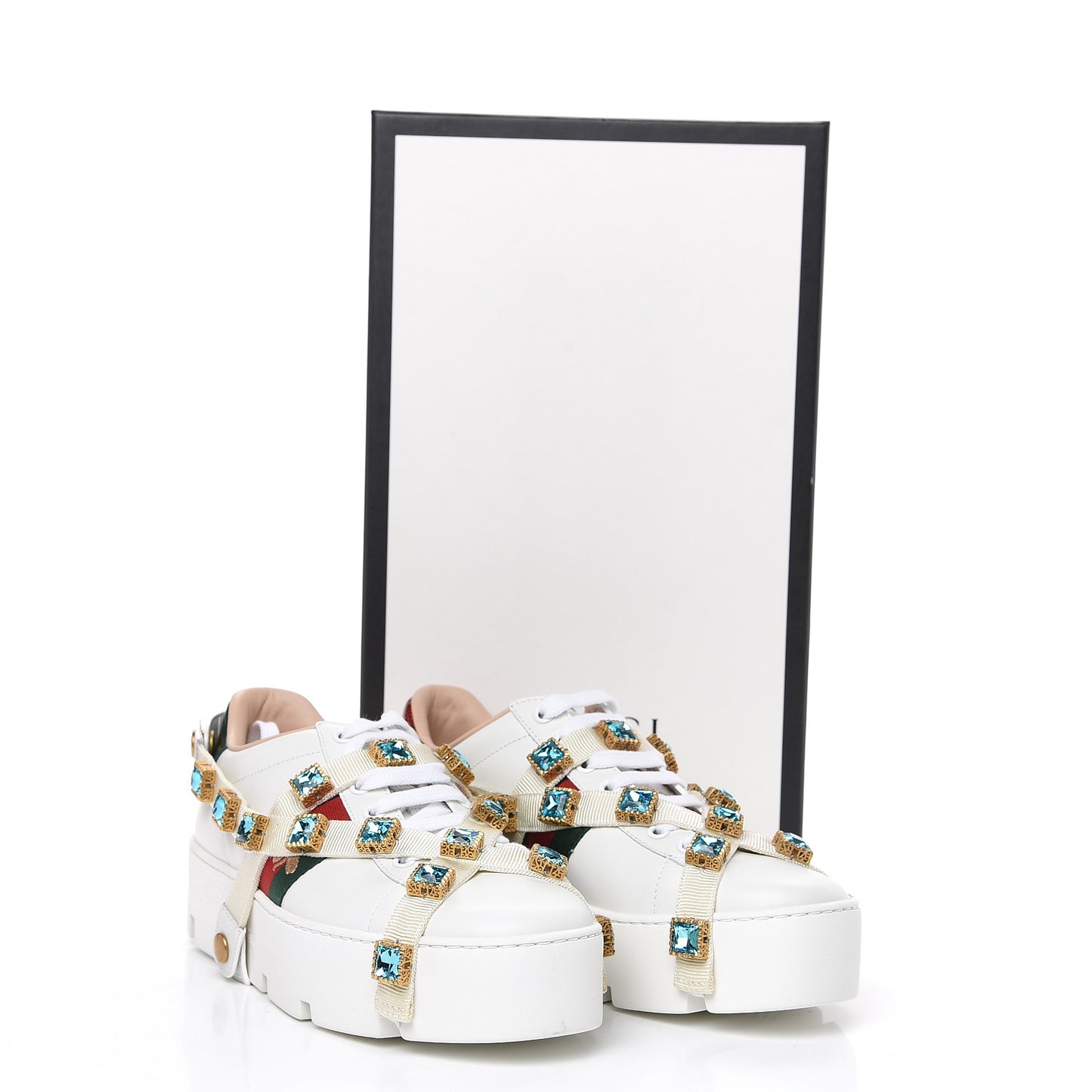 Calfskin Removable Crystals Bee Embroidered Womens Ace Platform Sneakers 37.5 White