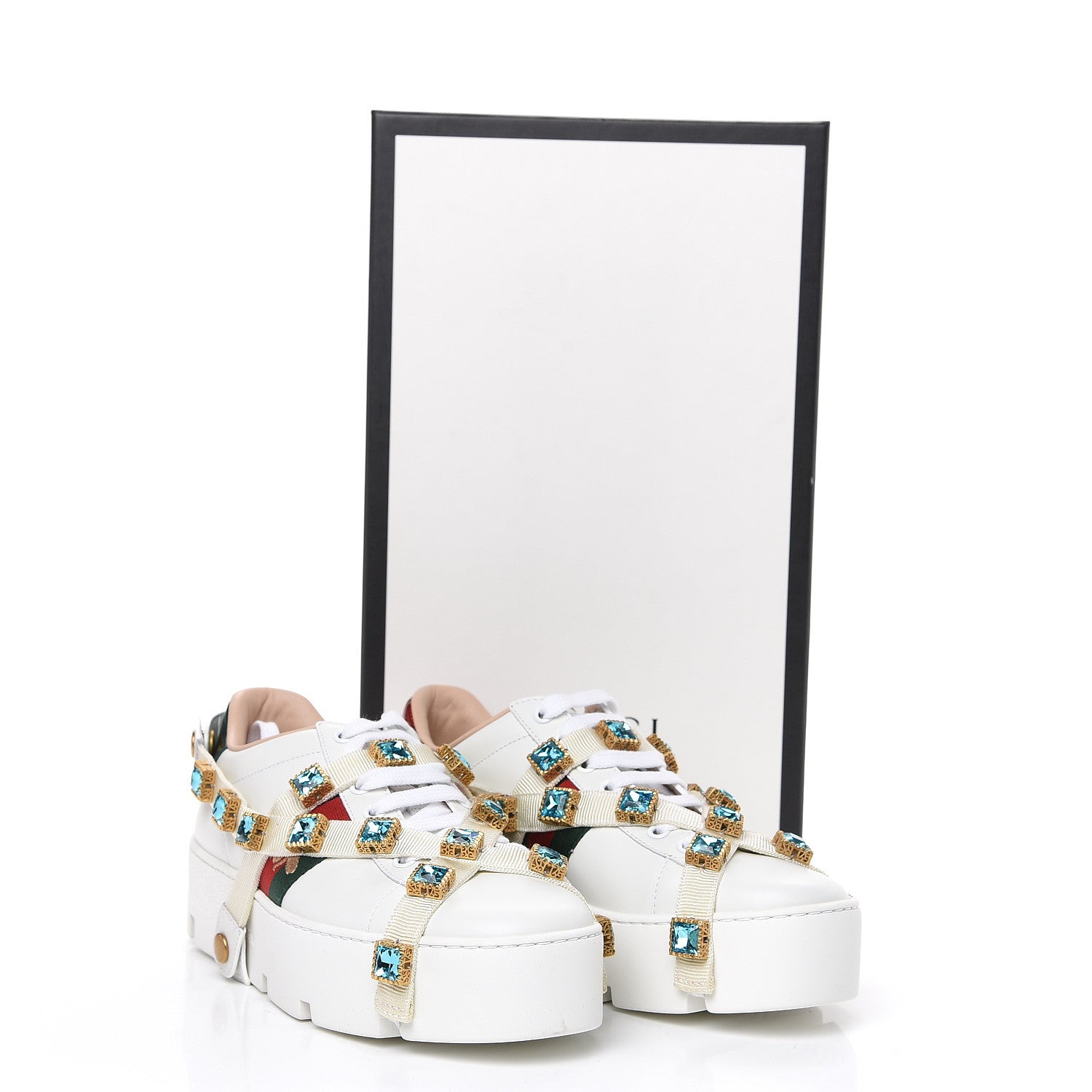 Gucci Calfskin Removable Crystals Bee Embroidered Womens Ace Platform Sneakers 37.5 White 9 of 9