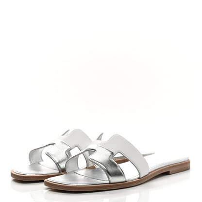 Hermes Metallic Nappa Box Oran Sandals 36 White Gris Argente 3 of 11