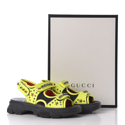 Gucci Technical Canvas Calfskin Studded Mens Aguru Sandals 9 Neon Yellow 8 of 8
