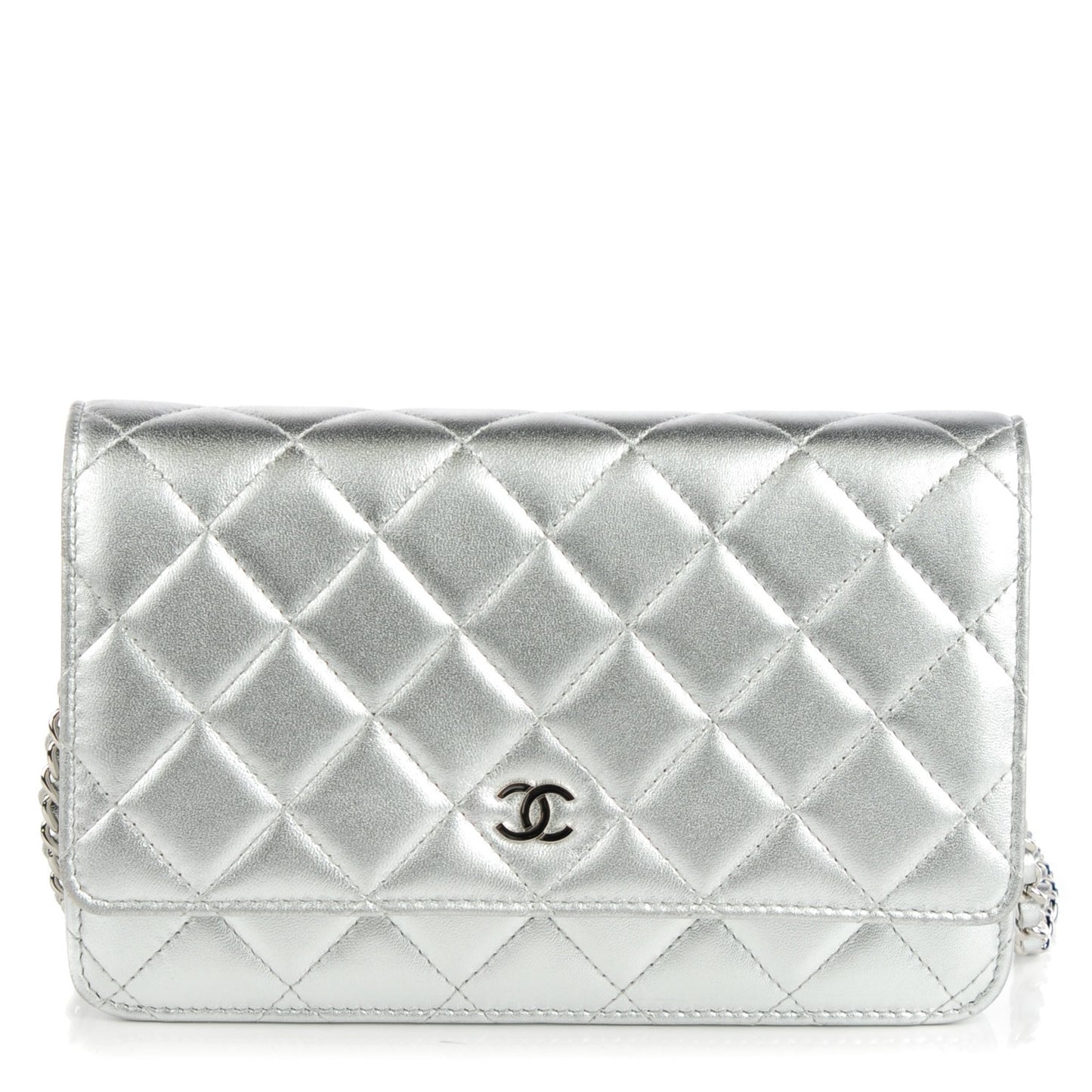 Metallic Lambskin Quilted Wallet On Chain WOC Silver