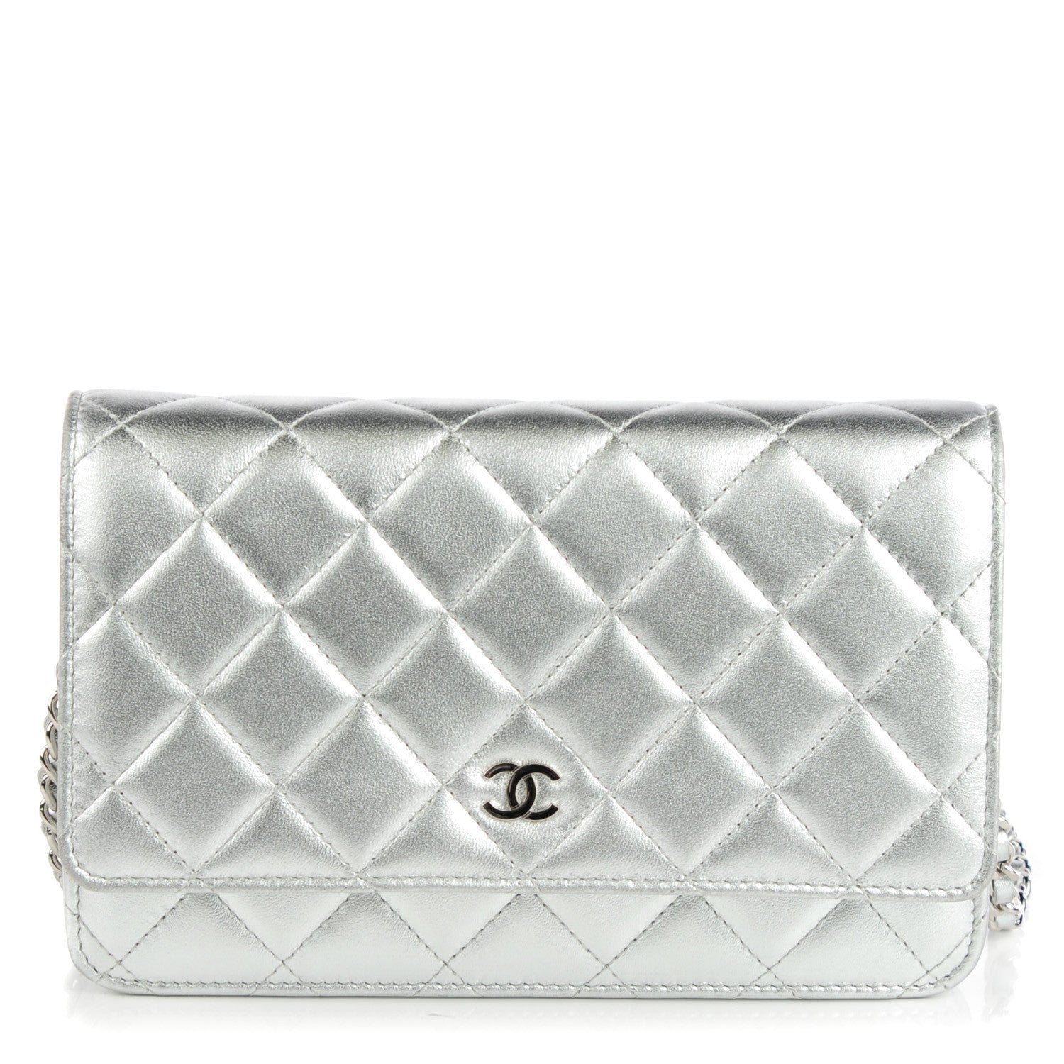 Chanel Metallic Lambskin Quilted Wallet On Chain WOC Silver 1 of 8