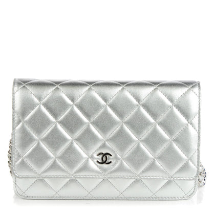 Chanel Metallic Lambskin Quilted Wallet On Chain WOC Silver 1 of 8