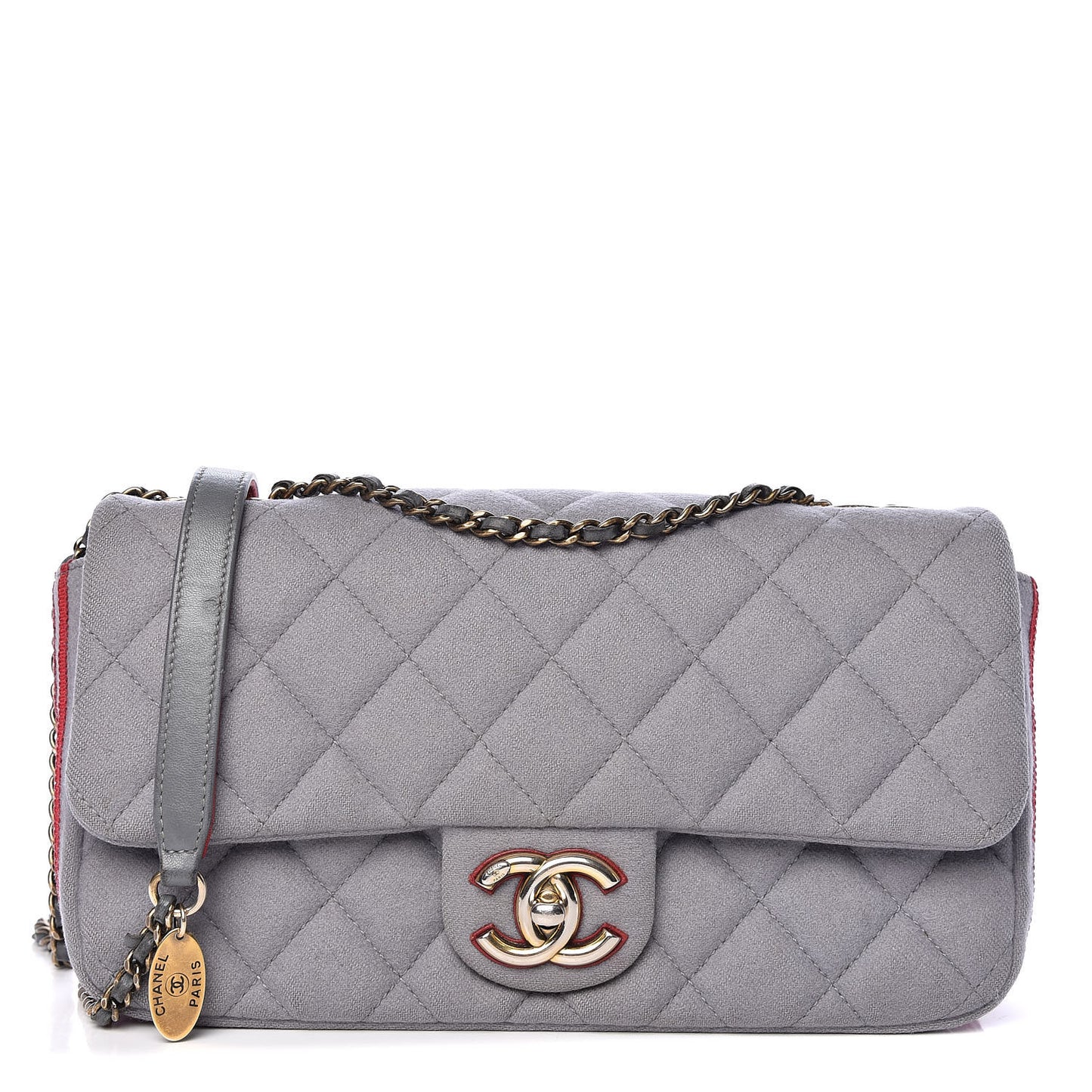 Wool Felt Grosgrain Quilted Medium CC Eyelet Flap Grey