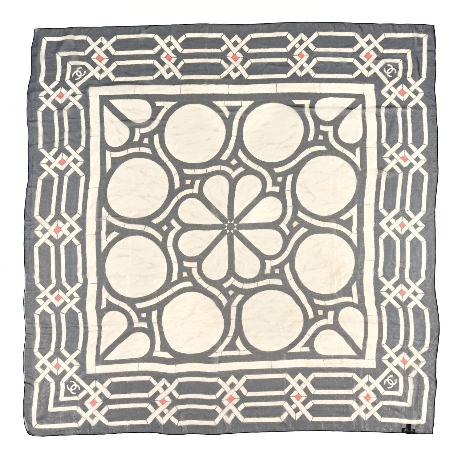 Chanel Metallic Silk Polyamide Geometric Square Scarf White Grey 1 of 3