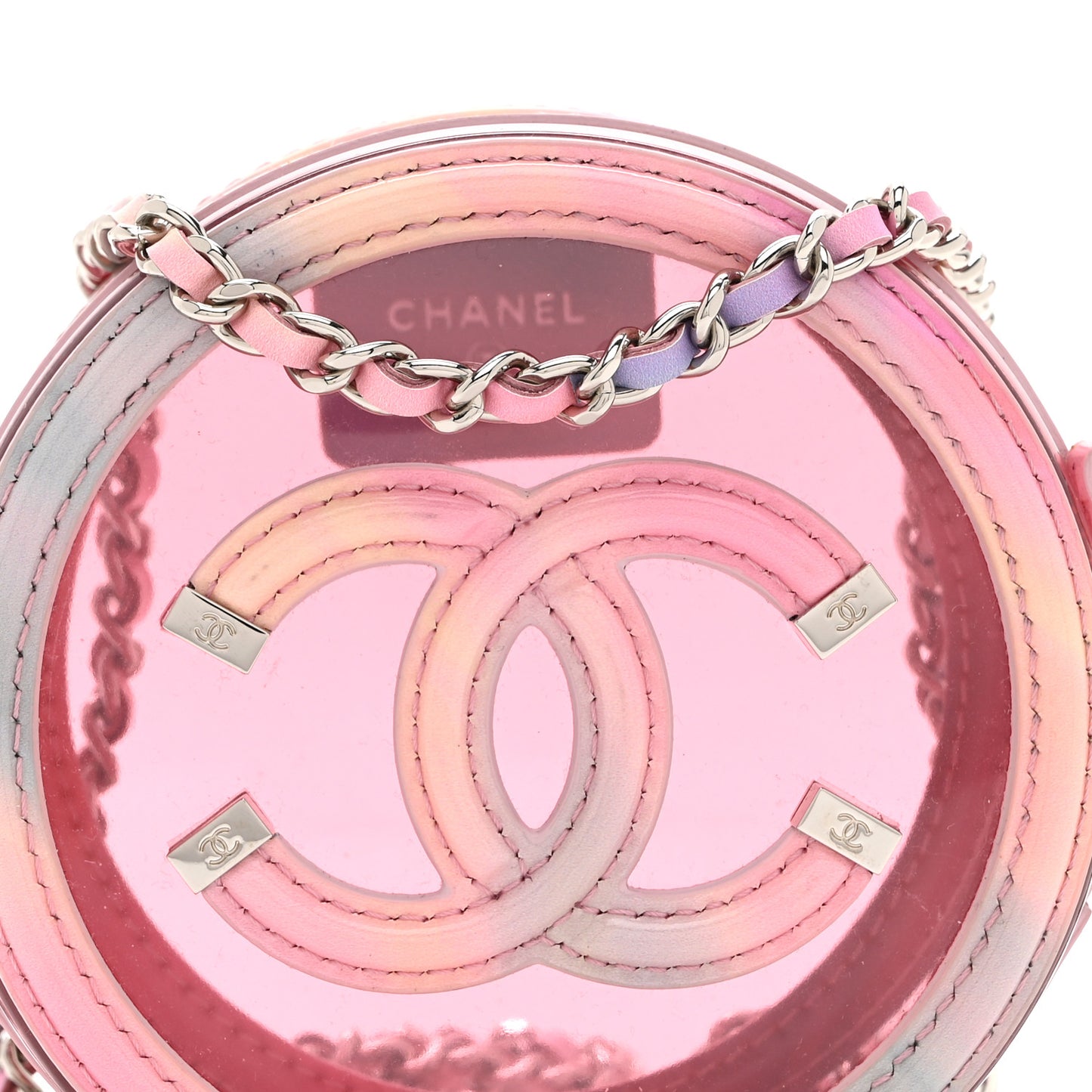 PVC Lambskin Filigree Round Clutch With Chain Pink
