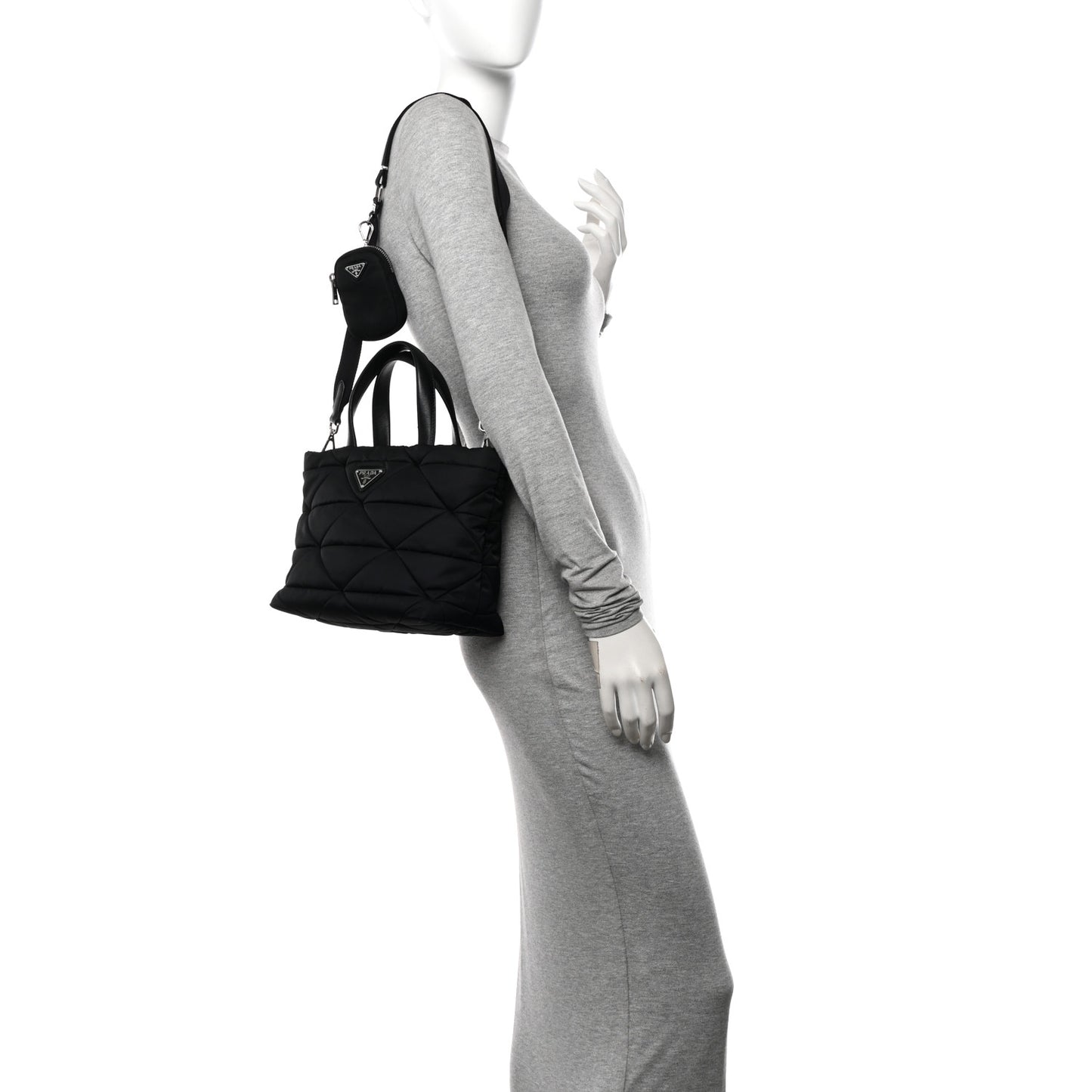 Re-Nylon Nappa Triangle Quilted Padded Double Handled Zip Pocket Tote Black