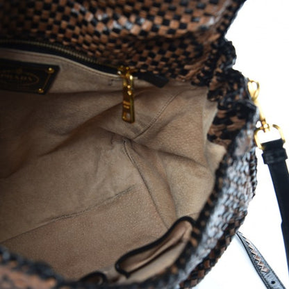 Prada Goatskin Woven Top Handle Satchel Black Tan 10 of 20