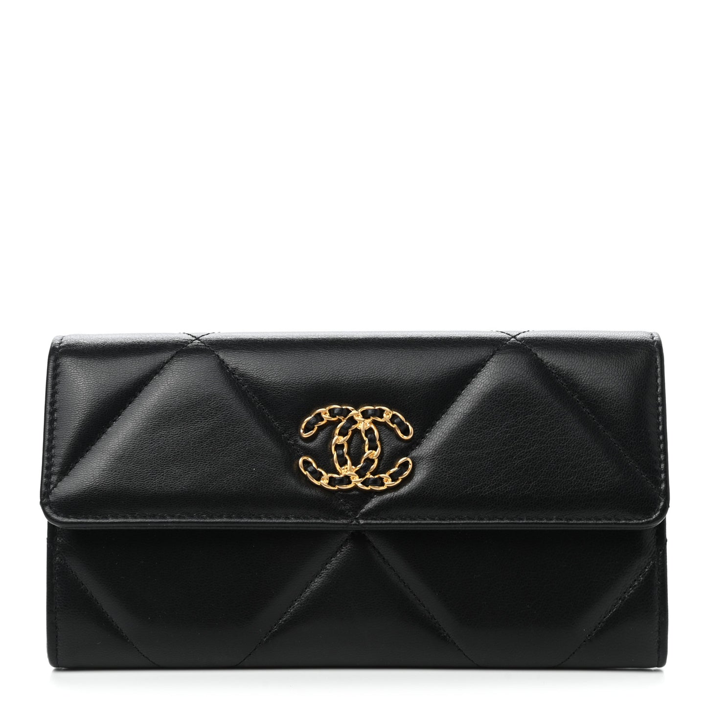 Shiny Goatskin Quilted Chanel 19 Flap Wallet Black