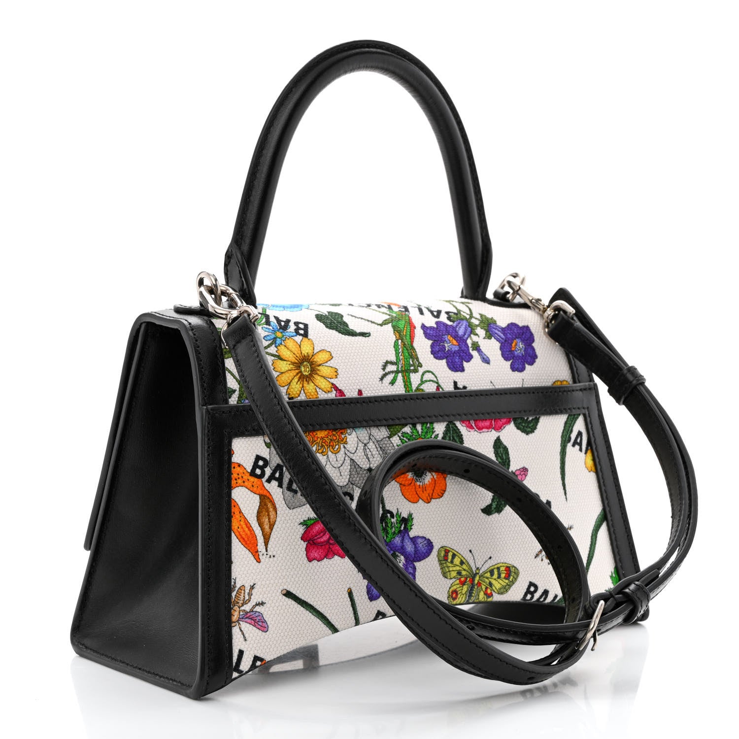 Balenciaga X GUCCI Canvas Boarded Plutone Calfskin Flora Logo Print Small Hourglass Top Handle Bag White Multicolor Black 3 of 10