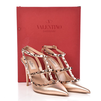 Valentino Garavani Metallic Pebbled Calfskin Rockstud Ankle Strap 100mm Pumps 40 Rame 8 of 8