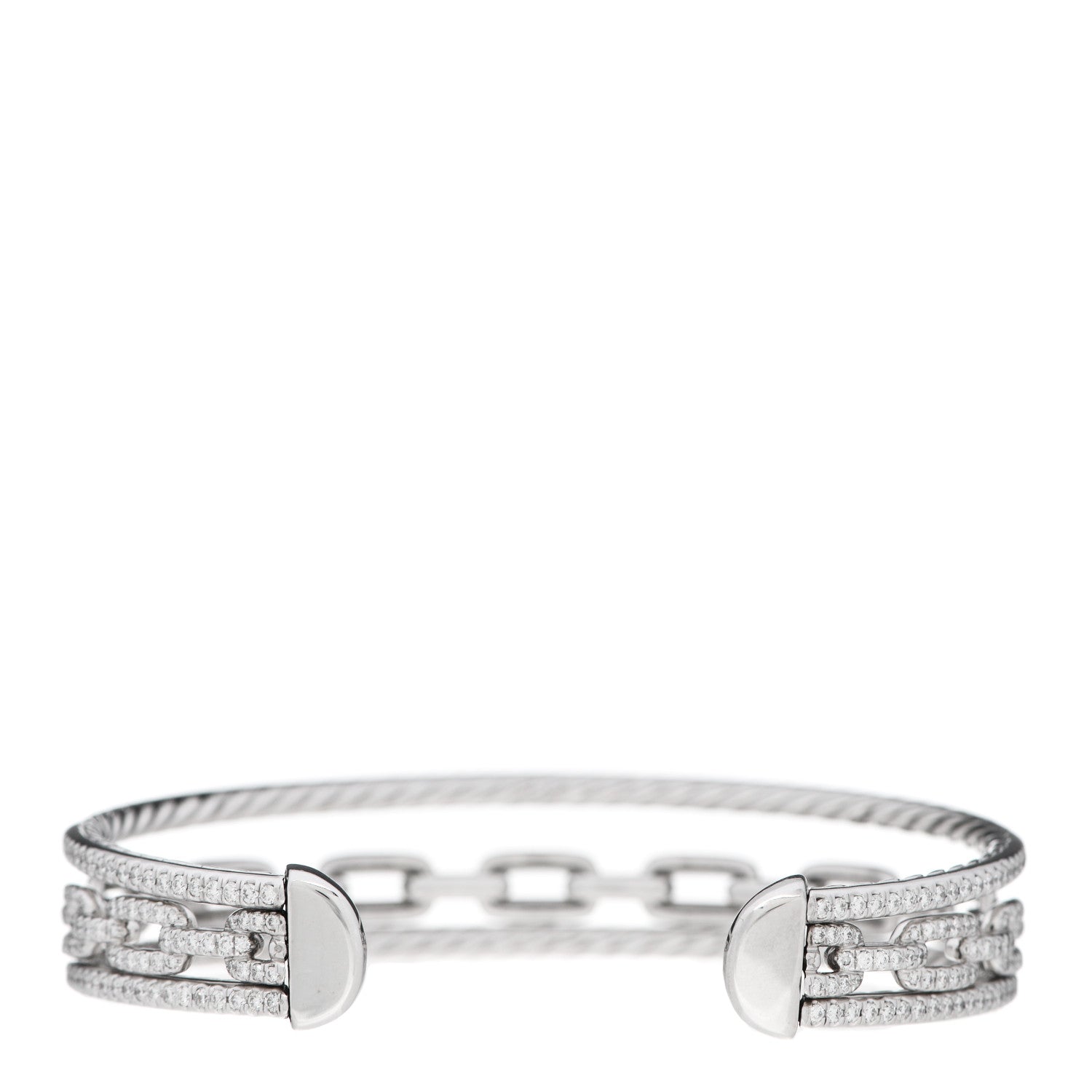 David Yurman 18K White Gold Diamond 3 Row Chain Link Stax Cuff Bracelet 2 of 3