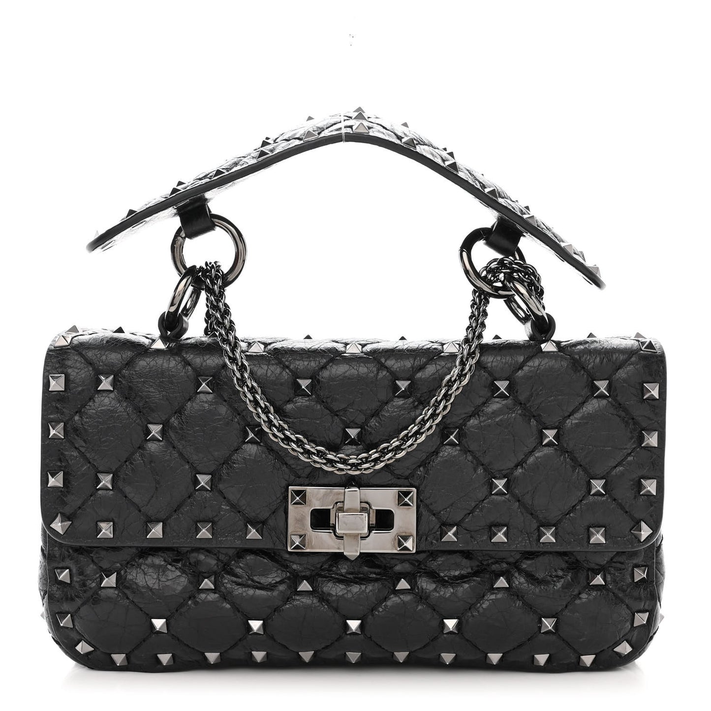 Craquele Nappa Small Rockstud Spike Shoulder Bag Black