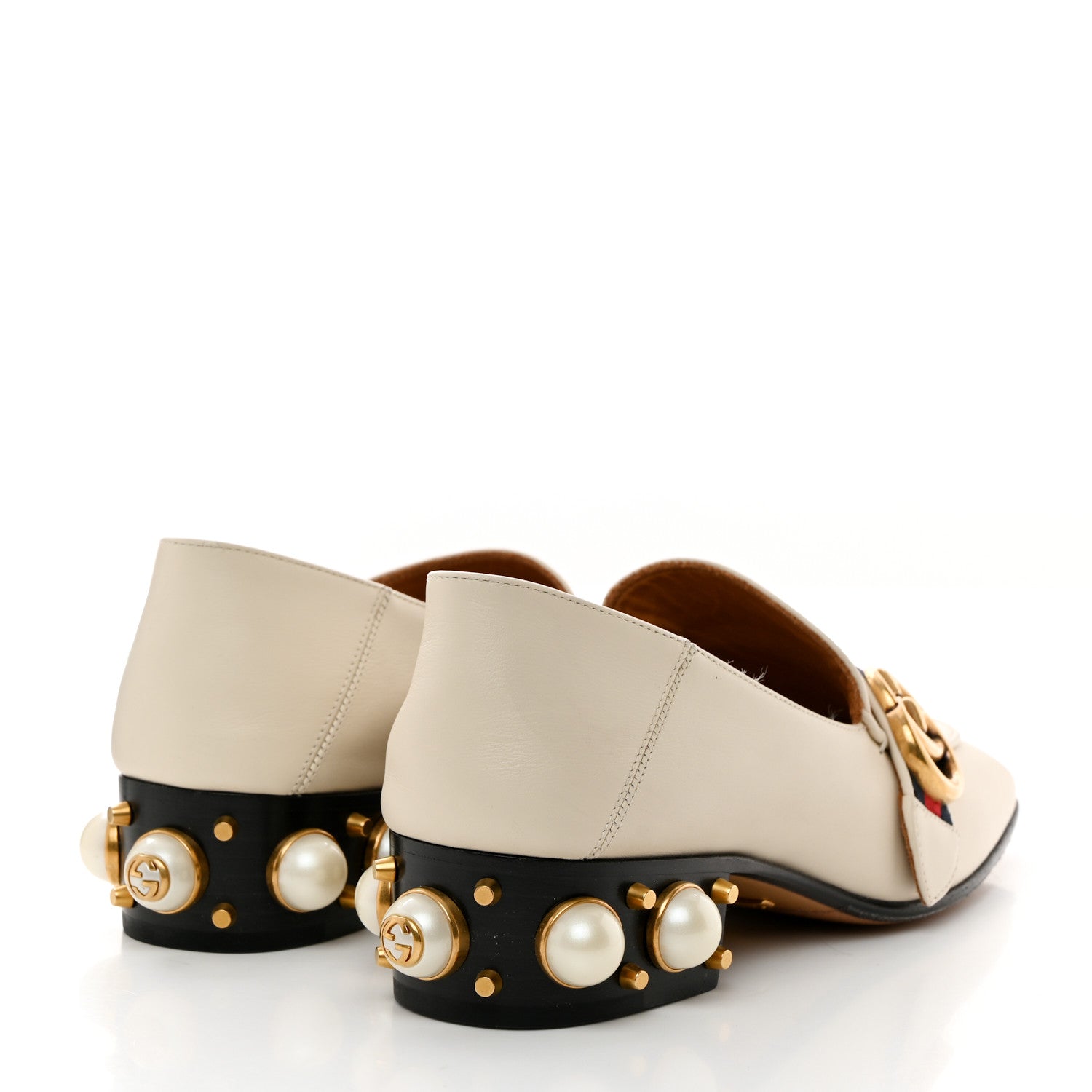 Gucci Betis Glamour Calfskin Web Pearl Embellished Peyton 35mm Loafer Pumps 37 Mystic White 4 of 8