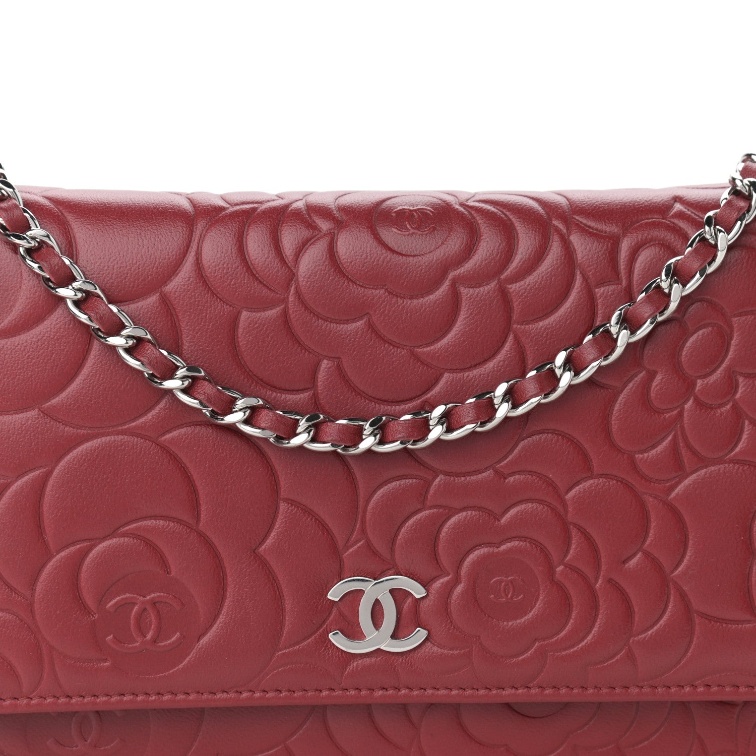 Chanel Lambskin Camellia Embossed Wallet On Chain WOC Red 9 of 12