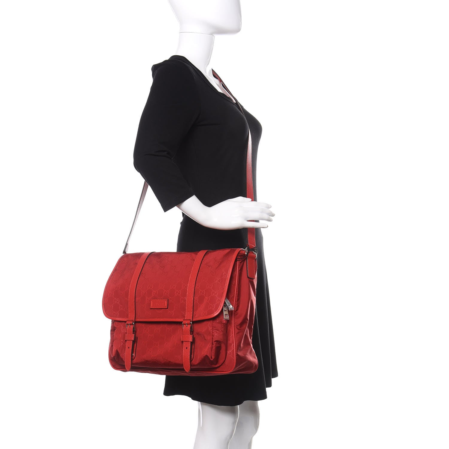 Gucci Nylon Monogram Double Buckle Flap Messenger Bag Vibrant Red 2 of 10