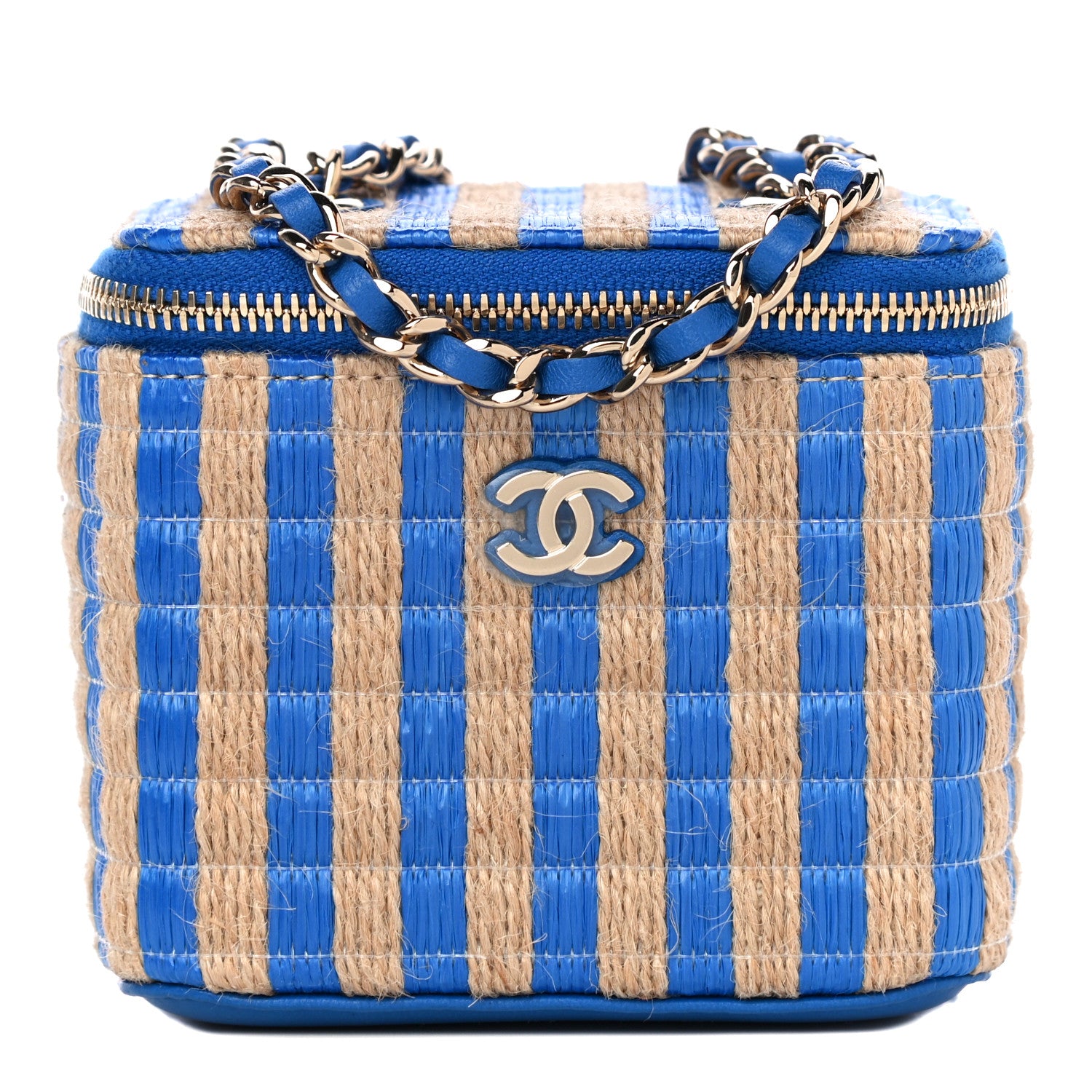 Chanel Raffia Jute Striped Mini Vanity Case With Chain Blue Beige 1 of 11