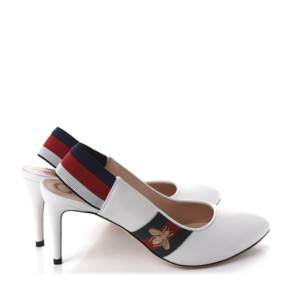Gucci Malaga Kid Web Sylvie Mid Heel Slingback Pumps 38.5 White 4 of 10