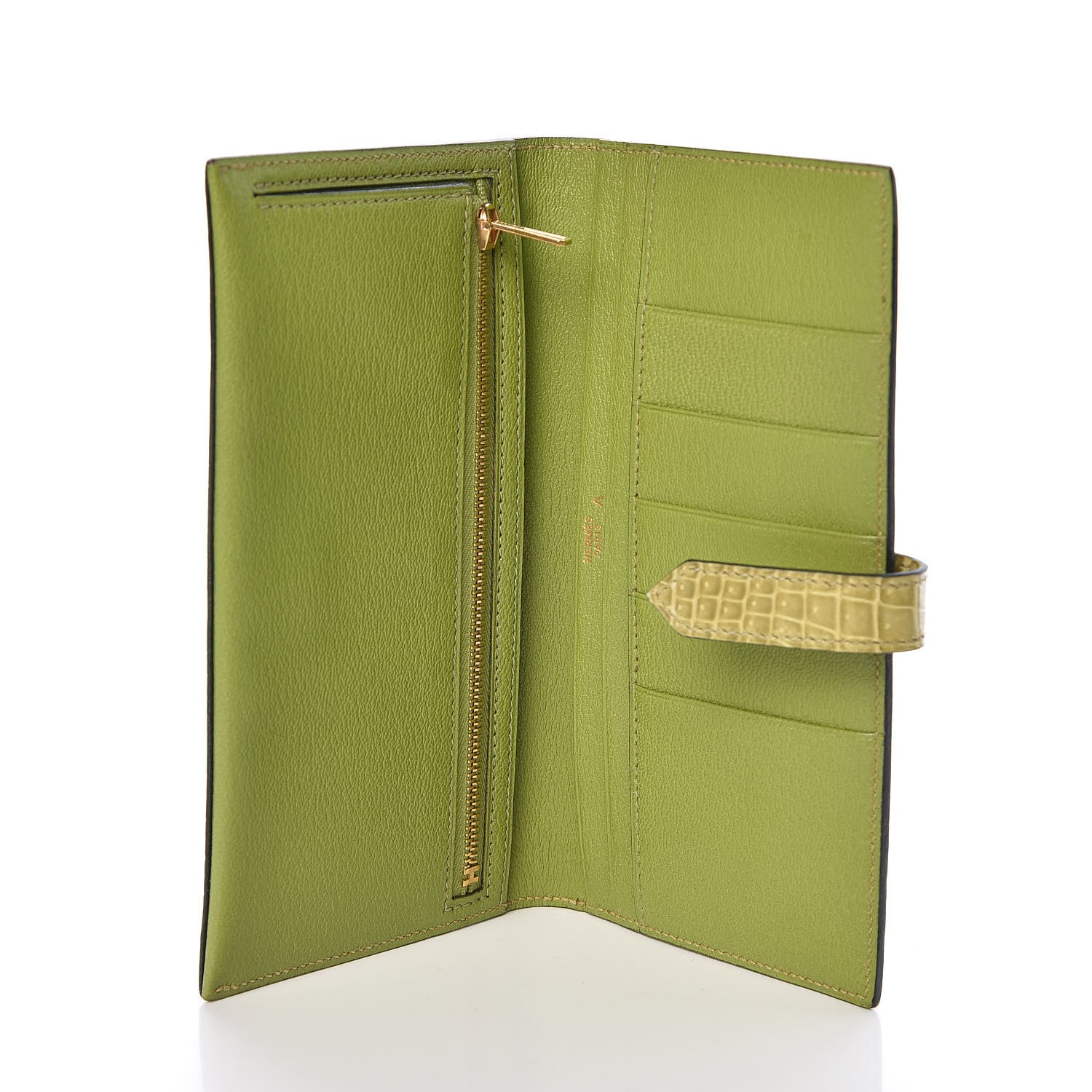 Hermes Shiny Porosus Crocodile 18K Gold Diamond Bearn Wallet Vert Anis 5 of 10