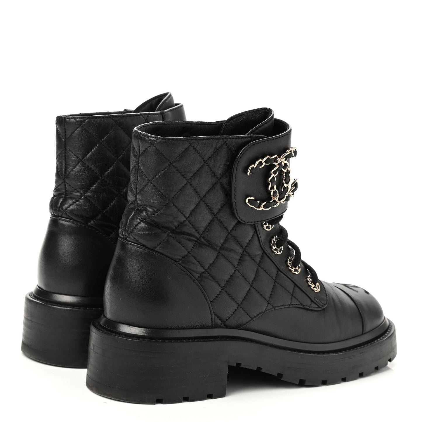 Shiny Lambskin Quilted Lace Up Combat Boots 35.5 Black