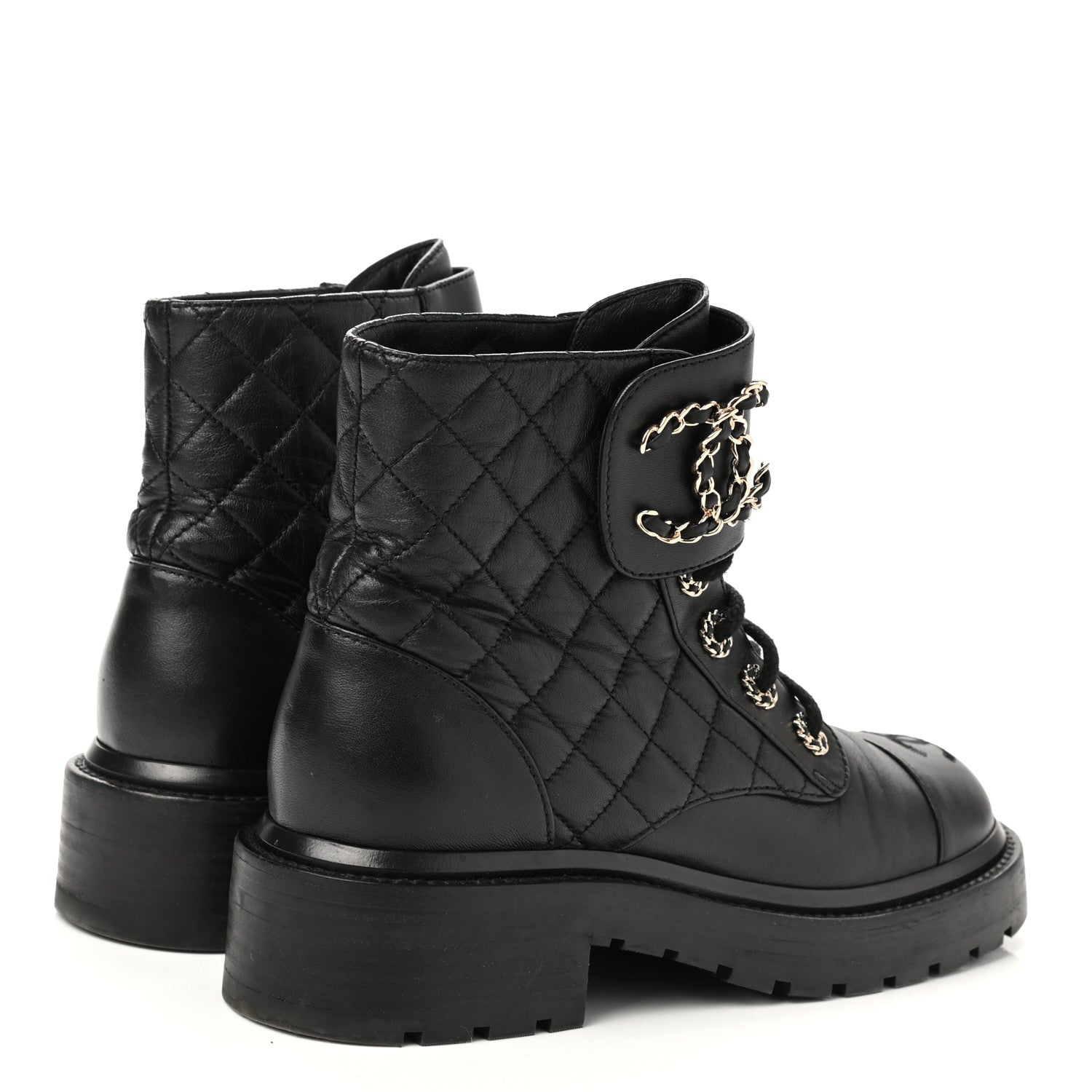 Chanel Shiny Lambskin Quilted Lace Up Combat Boots 35.5 Black 4 of 9