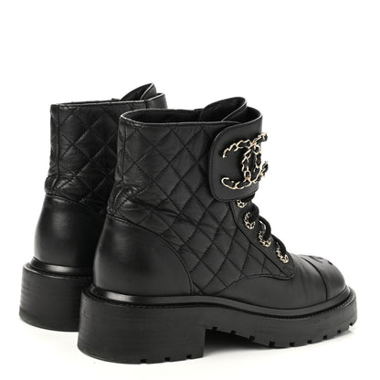Chanel Shiny Lambskin Quilted Lace Up Combat Boots 35.5 Black 4 of 9