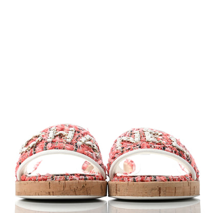 Chanel Tweed Cork CC Chain Mule Sandal 39 Coral Red Pink 2 of 6