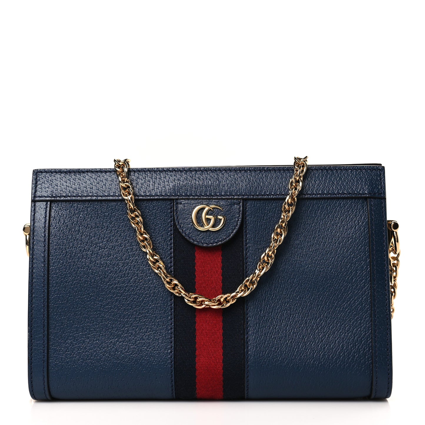 Textured Calfskin Web Small Ophidia Chain Shoulder Bag Blue Agata