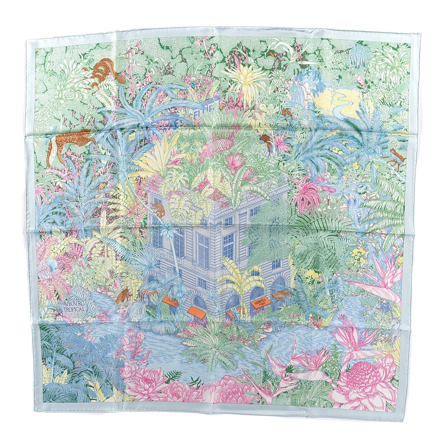 Hermes Silk Twill Faubourg Tropical Scarf 90 Bleu Vert Jaune 1 of 2