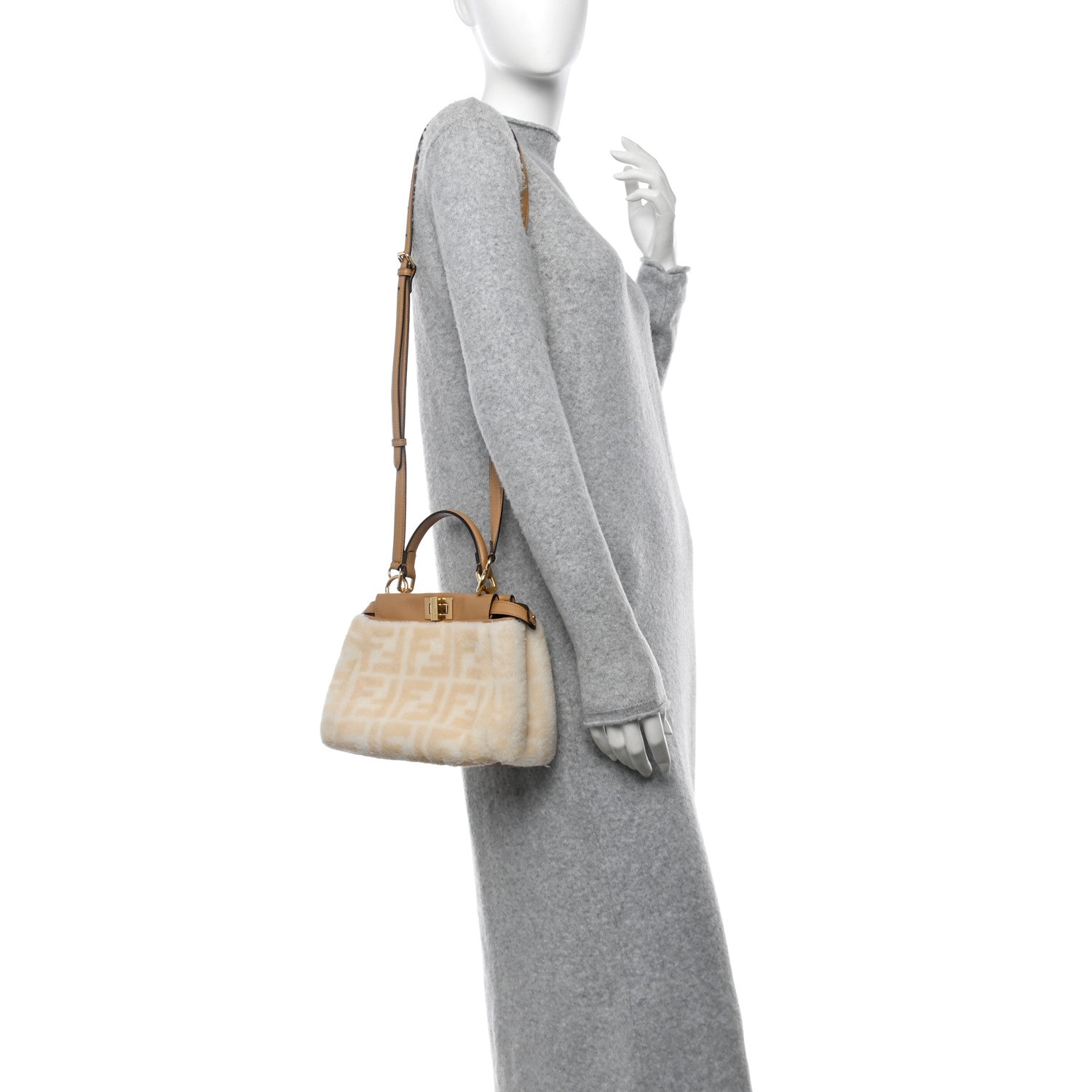 Fendi Shearling Nappa Macro FF 1974 Mini Peekaboo Iconic Satchel White Ice Cuoio Miele Scuro 2 of 11