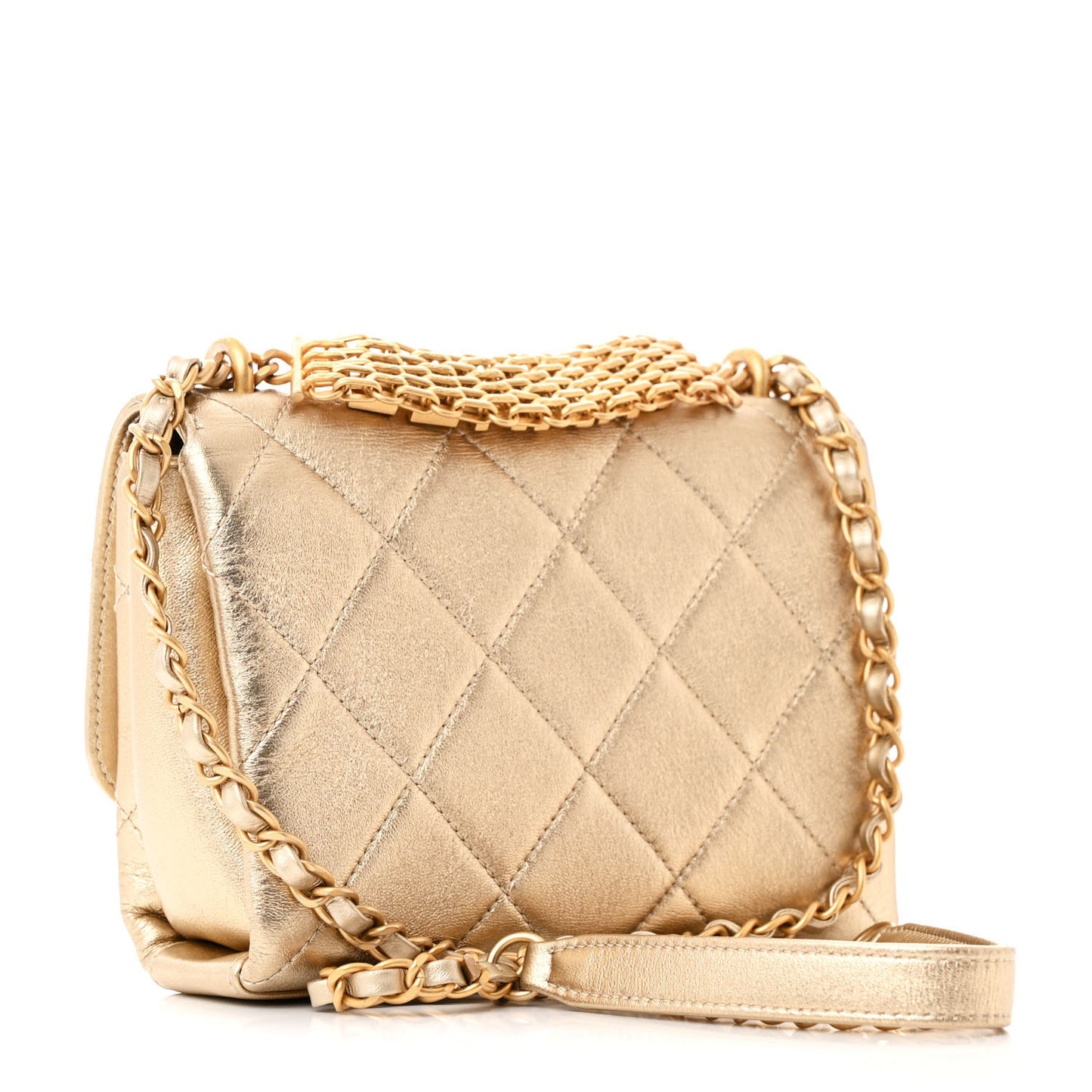 Metallic Lambskin Quilted Mini CC Crystal Logo Chain Flap Gold