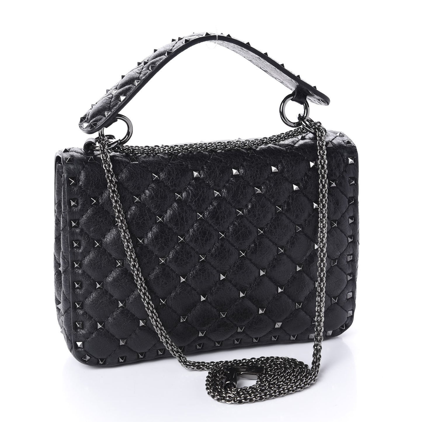 Craquele Nappa Medium Rockstud Spike Shoulder Bag Black