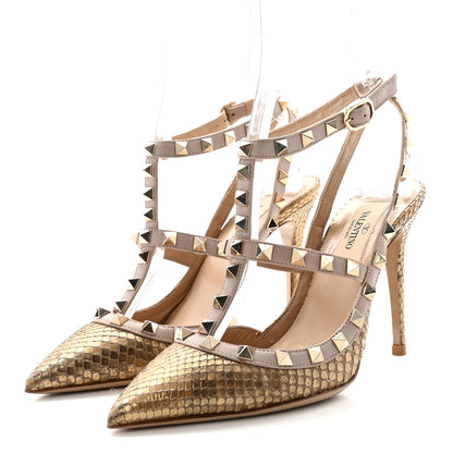Valentino Garavani Metallic Elaphe Rockstud Ankle Strap 100mm Pumps 35 Gold Poudre 4 of 9